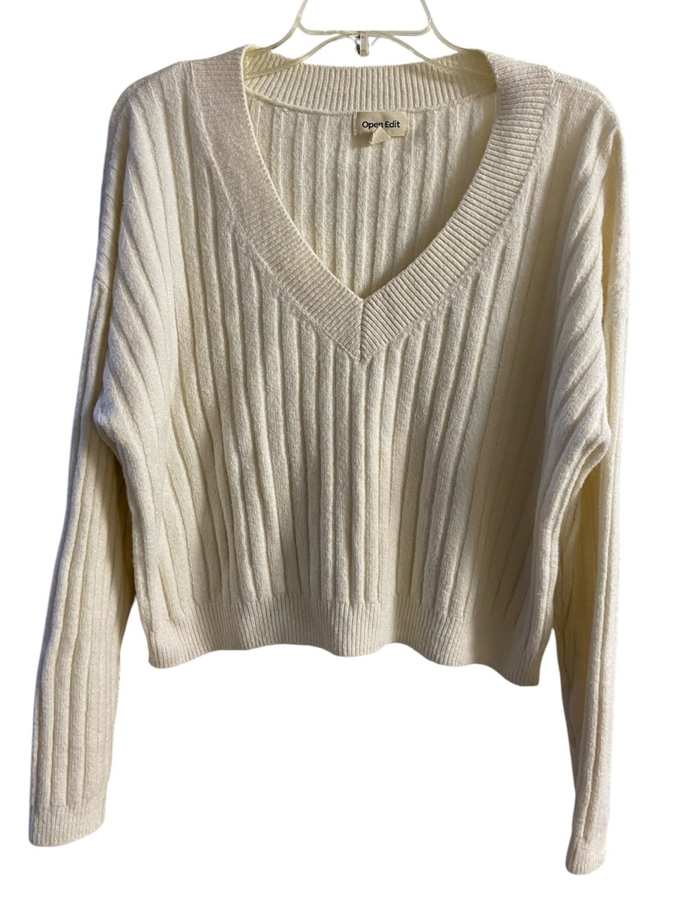 Open Edit Cream Rib Knit V-Neck Sweater wool blend boxy Medium